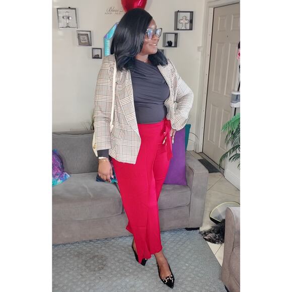 High Waisted Tie Side Invisible Zipper Wide Leg Work Pants - Picture 1 of 4